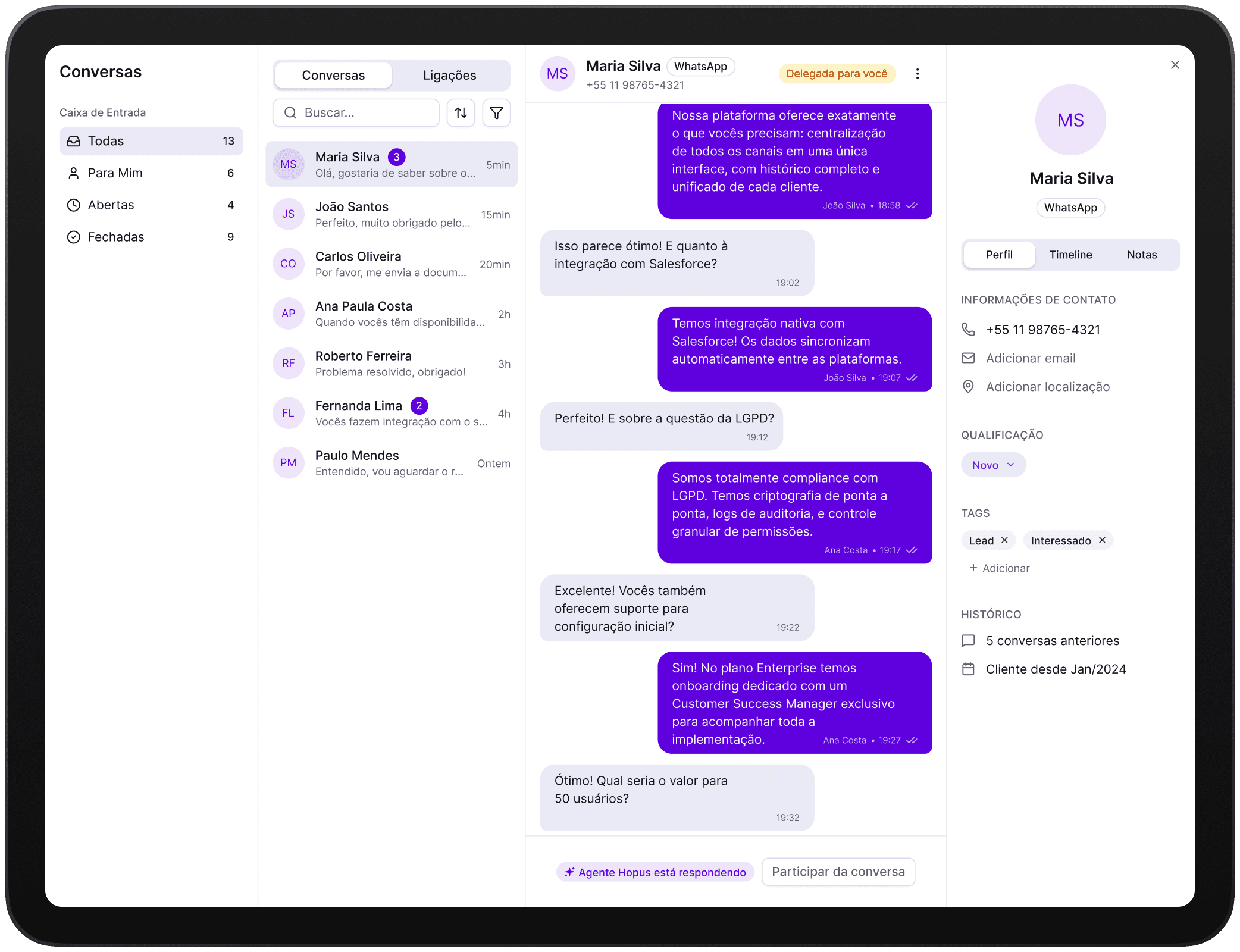 Painel de conversas, CRM e atendimento automatizado da hopus.ai